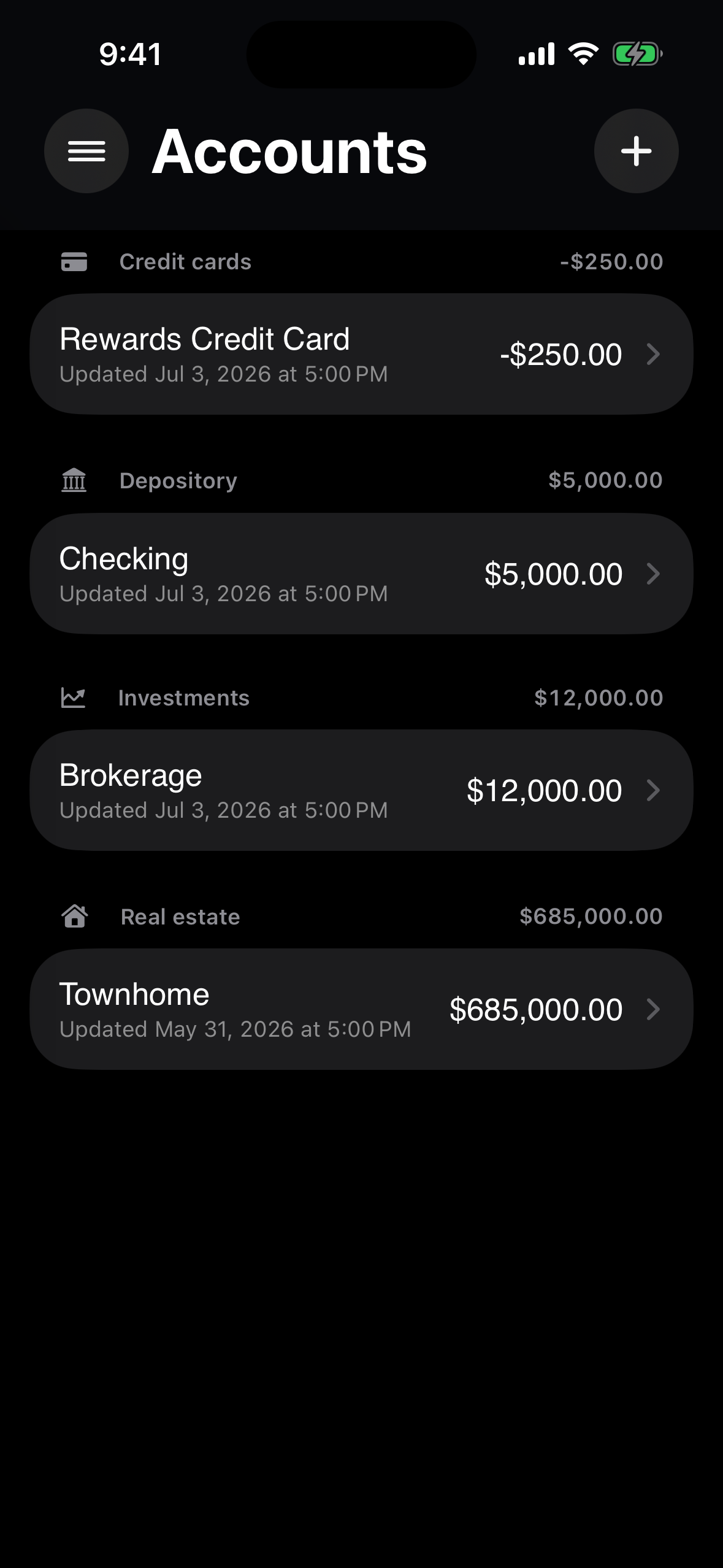 Charoite accounts screen with credit card, depository, investment, and real-estate balances