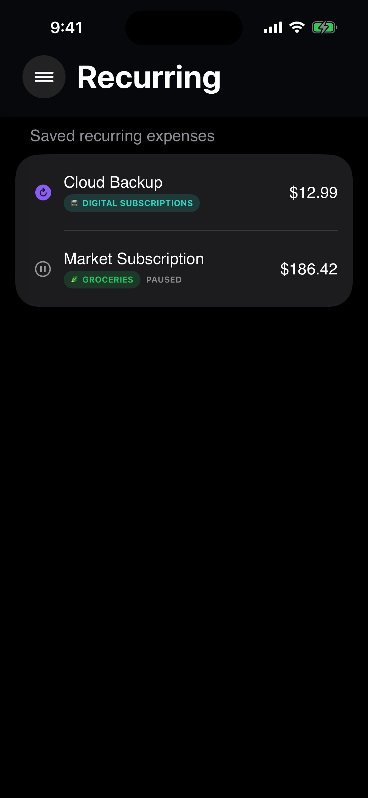 Charoite recurring expenses screen with active and paused items