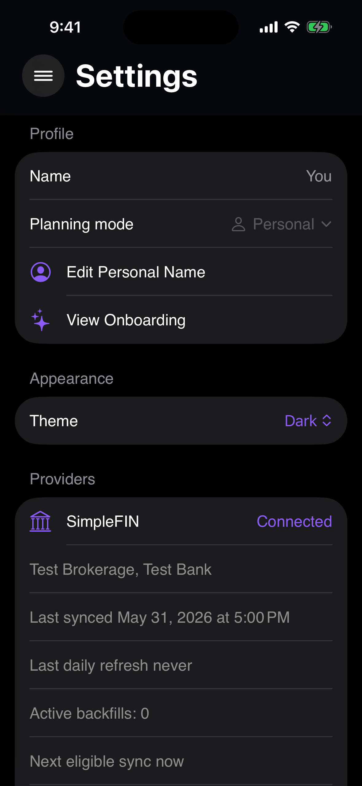 Charoite settings screen showing personal planning mode, dark theme, and a connected data provider