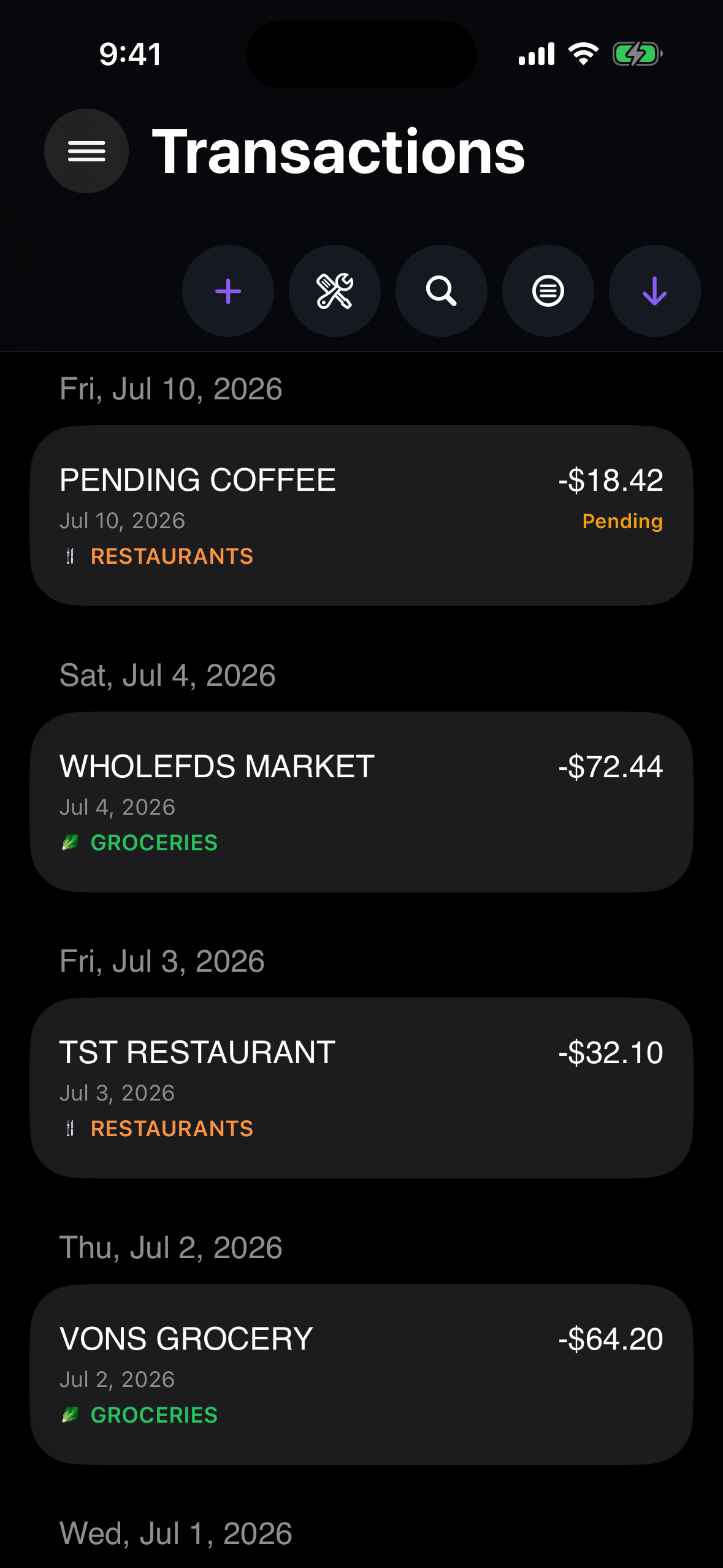 Charoite transaction list with review tools and categorized activity